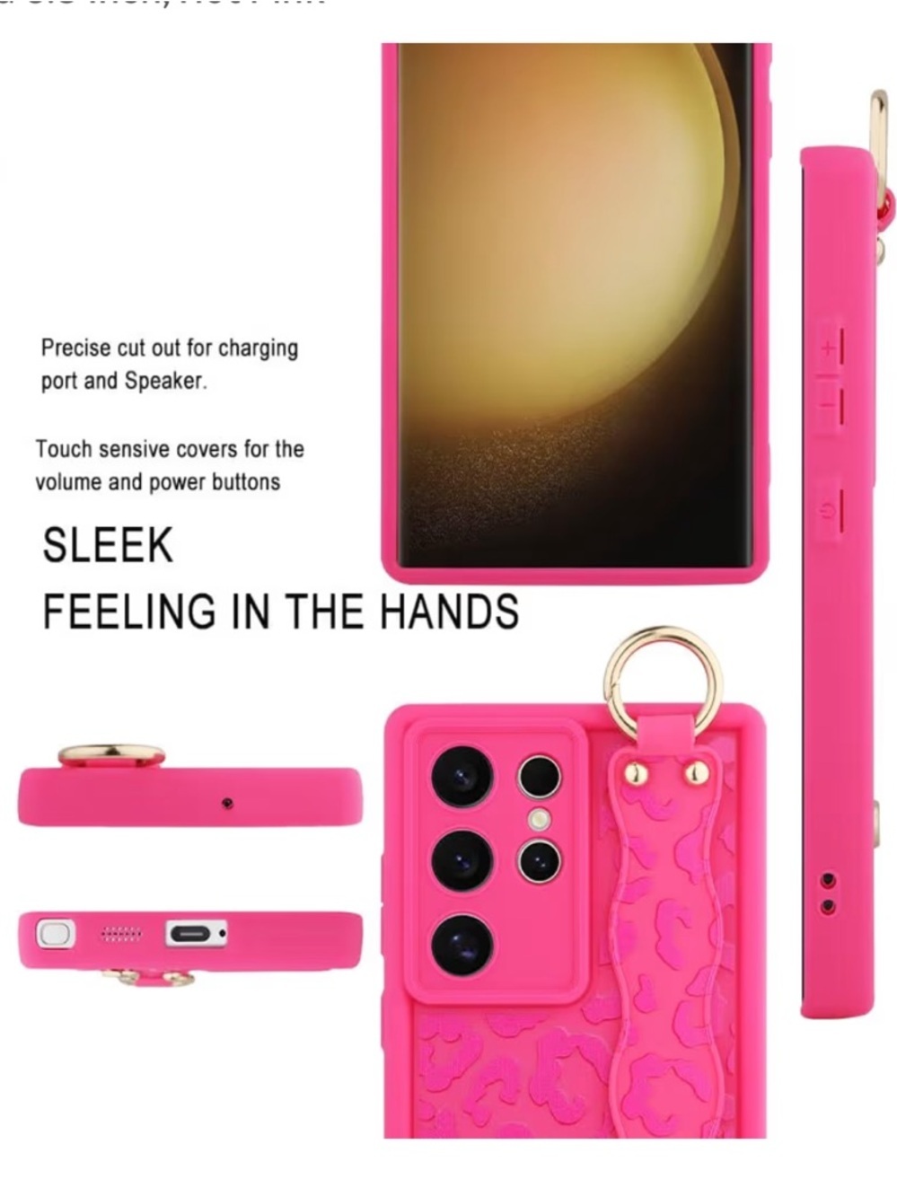 Hot Pink Leopard-Pattern Silicone Phone Case with Wrist Strap Galaxy S23 Ultra - Picture 4 of 4